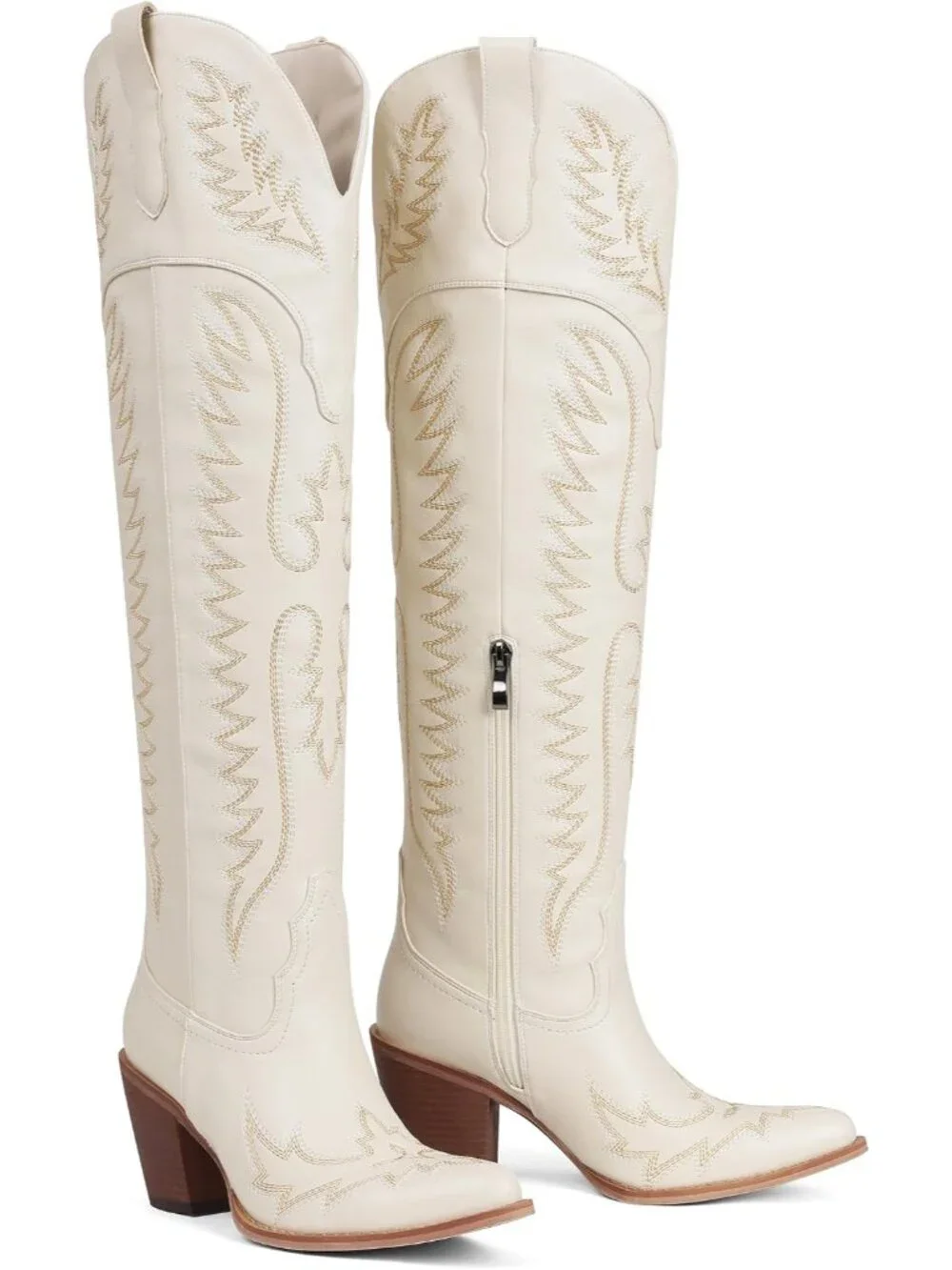 Women's Beige Embroidered Pointed Toe Western Cowgirl Over The Knee High Boots